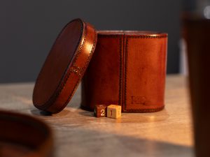 Cognac Leather Dice and Shaker Set